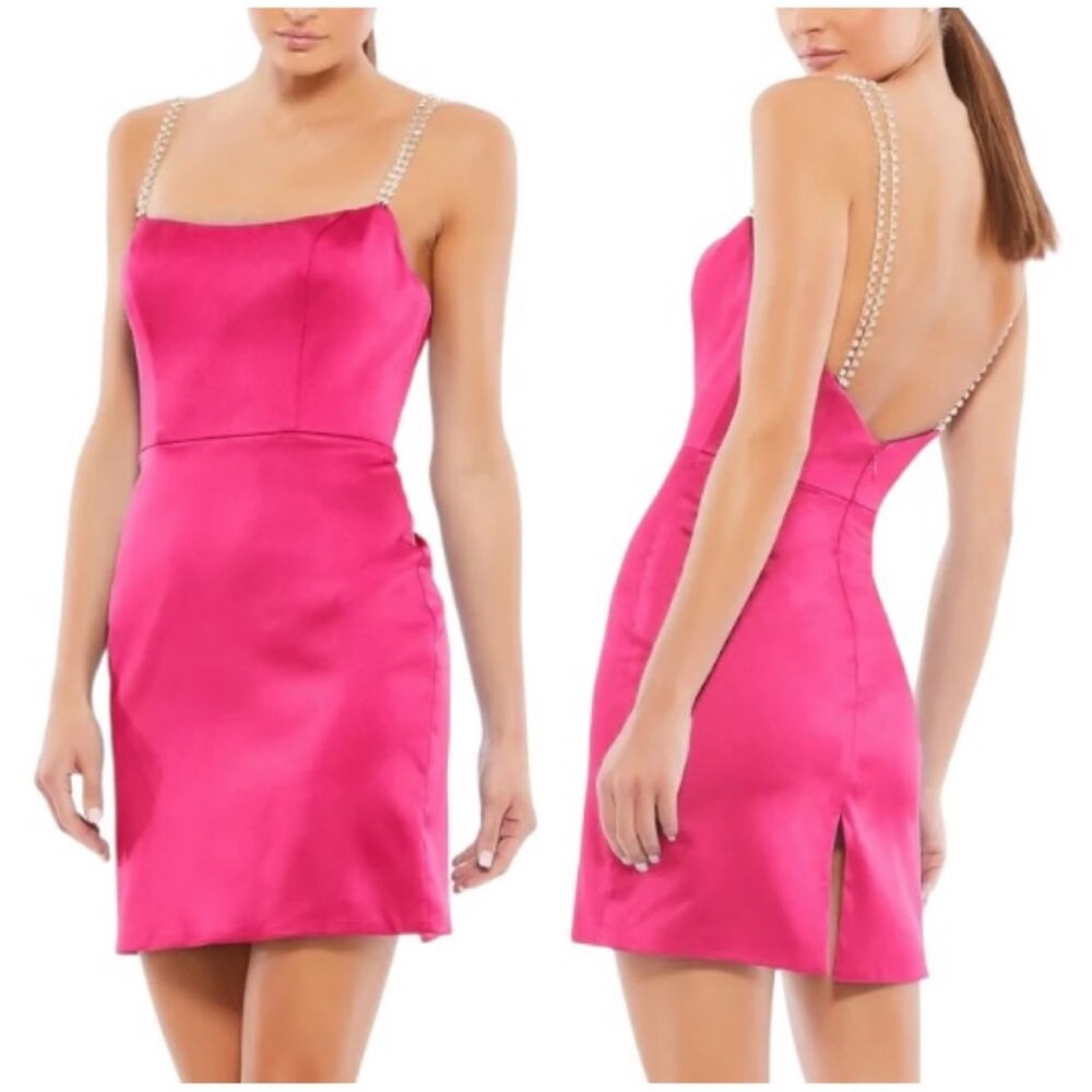 Mac Duggal Rhinestone Strap Satin Mini Dress In Candy Pink Color Size 0- Reemoly